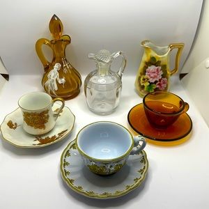 Collectible Vintage Glass Cruets, Pitcher Teacups and Saucer
